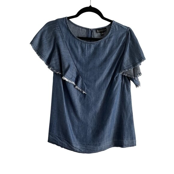 bobeau Tops - Bobeau Women S Blue Dark Wash Chambray Tencel Ruffle Flutter Sleeves Blouse NWT